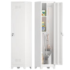 Metal Broom Storage Cabinet, 65' Narrow Broom Cabinet With Hooks, Slim Bathroom Storage Cabinet With Shelves, Heavy-Duty Clea