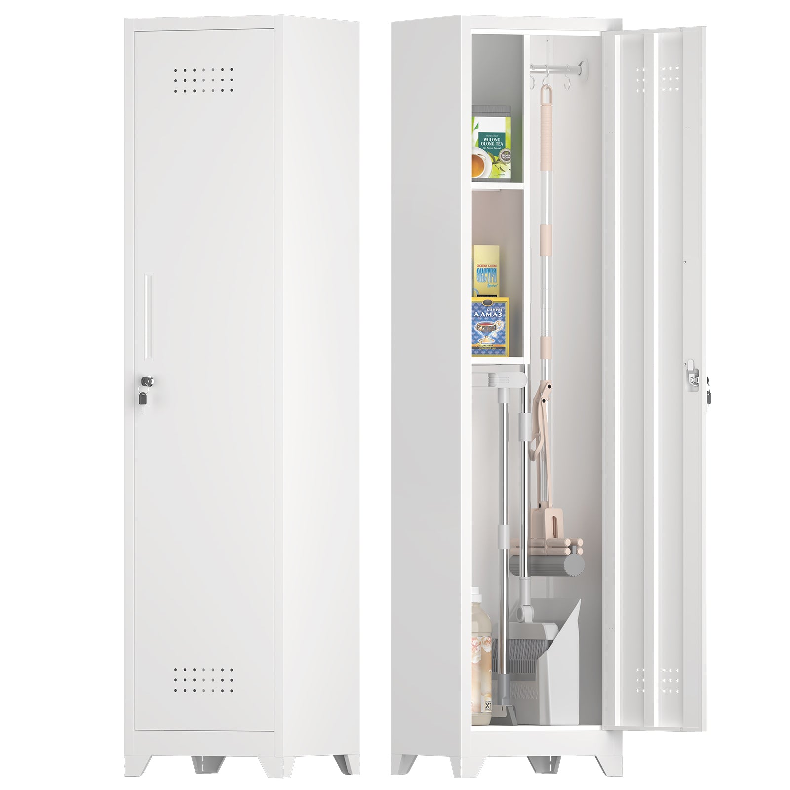 Metal Broom Storage Cabinet, 65' Narrow Broom Cabinet With Hooks, Slim Bathroom Storage Cabinet With Shelves, Heavy-Duty Clea