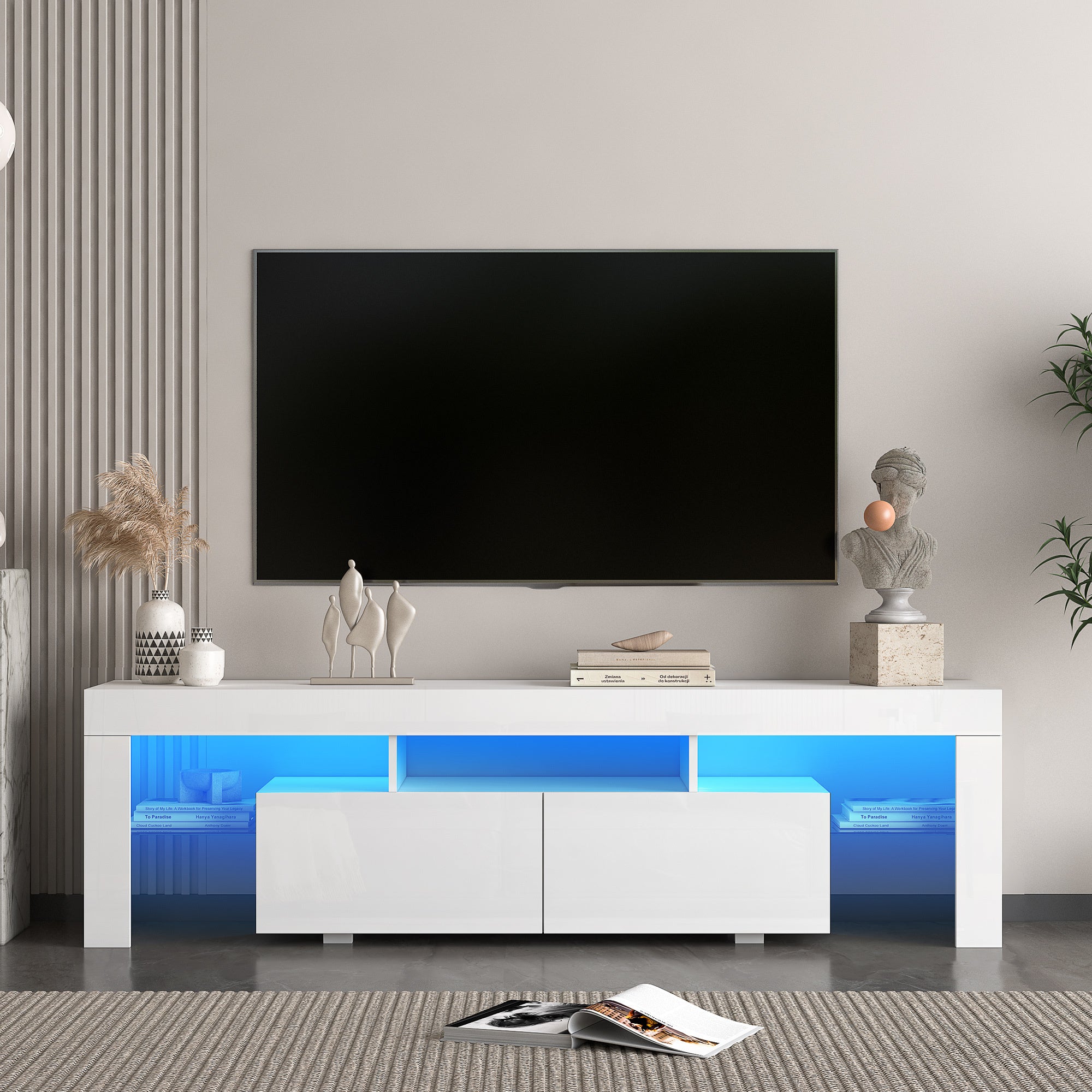 High gloss TV Stand with LED Lights for TVs up to 65'', Modern TV Console with Storage Cabinets for Living Room - Grand Goldman Shop