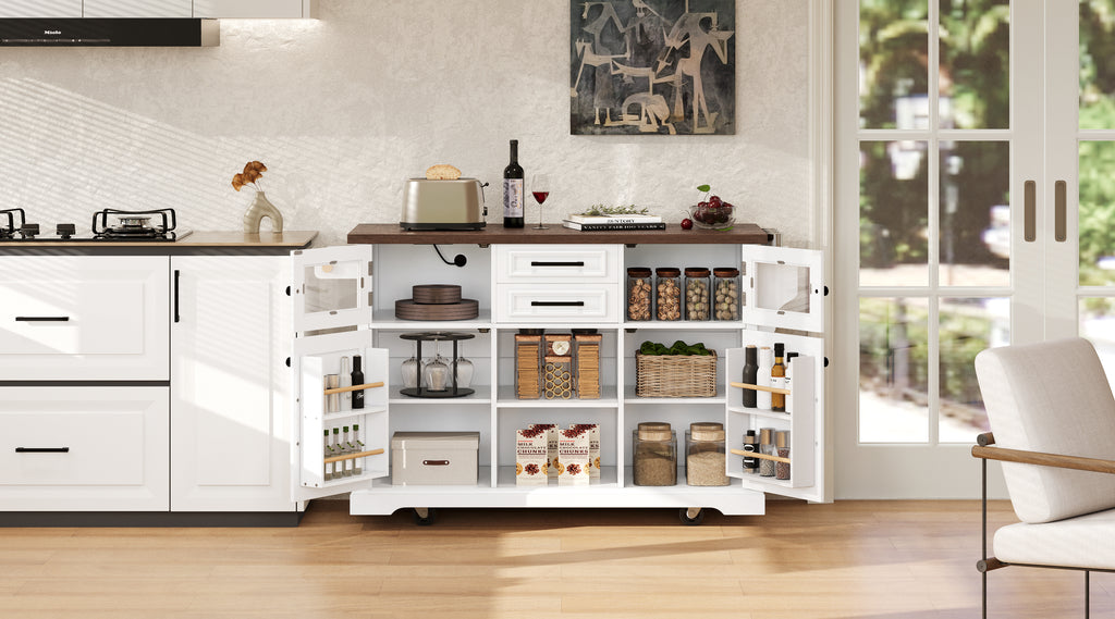 K&K 54.9' Kitchen Island with Drop Leaf, Power Outlet, Kitchen Storage Cart with 4 Door Shelves, Cross Barn Doors & Visual Glass Door, Rolling Kitchen Island on 4 Wheels for Kitchen, Dining Room,White - Grand Goldman Shop