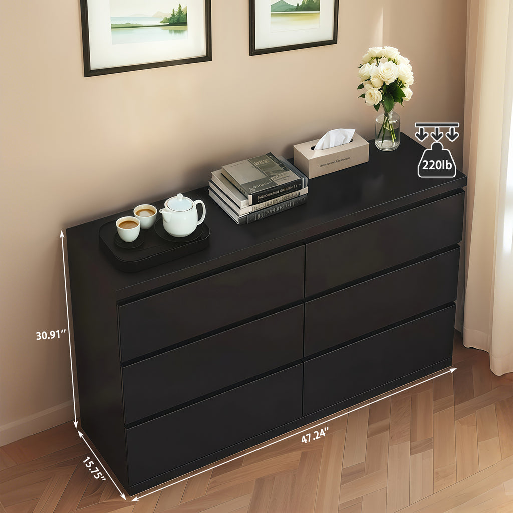 Modern 6 Drawer Dresser with Spacious Countertop and Concealed Handles, Storage Cabinet for Bedroom and Living Room, Black MDF - Grand Goldman Shop