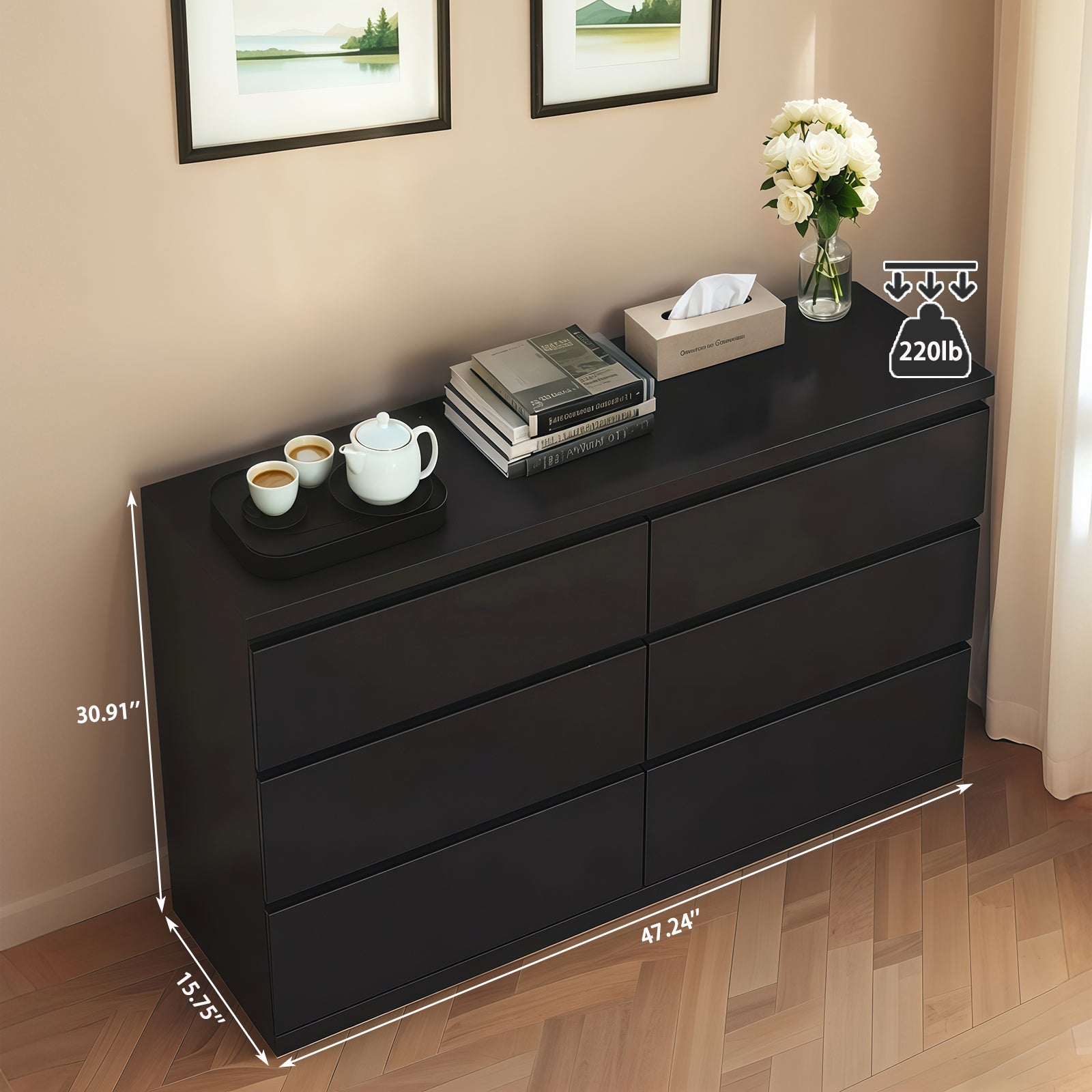 Modern 6 Drawer Dresser with Spacious Countertop and Concealed Handles, Storage Cabinet for Bedroom and Living Room, Black MDF - Grand Goldman Shop