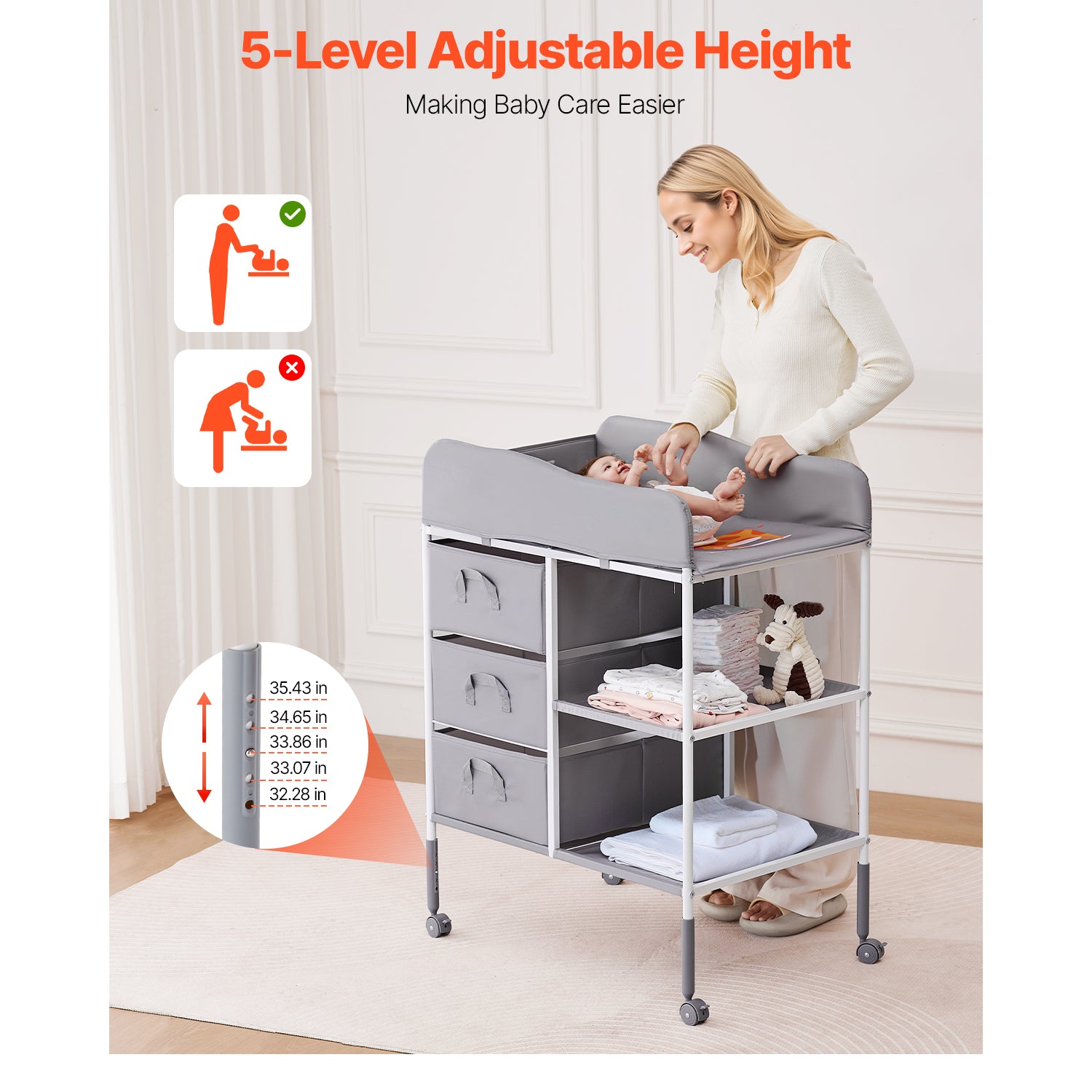 Baby Changing Table Portable Diaper Change Station with 3 Drawers & Wheels | Premium Home Decor - Grand Goldman