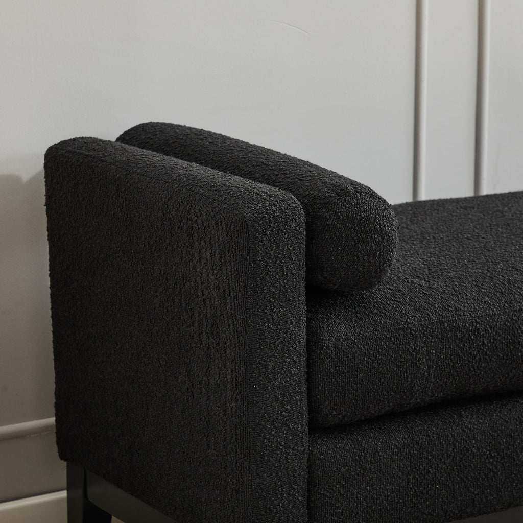 Elegant Upholstered Bench, Daybed, Ottoman with Wood Legs & 2 Bolster Pillows, Black Boucle, 66.34' - Grand Goldman Shop