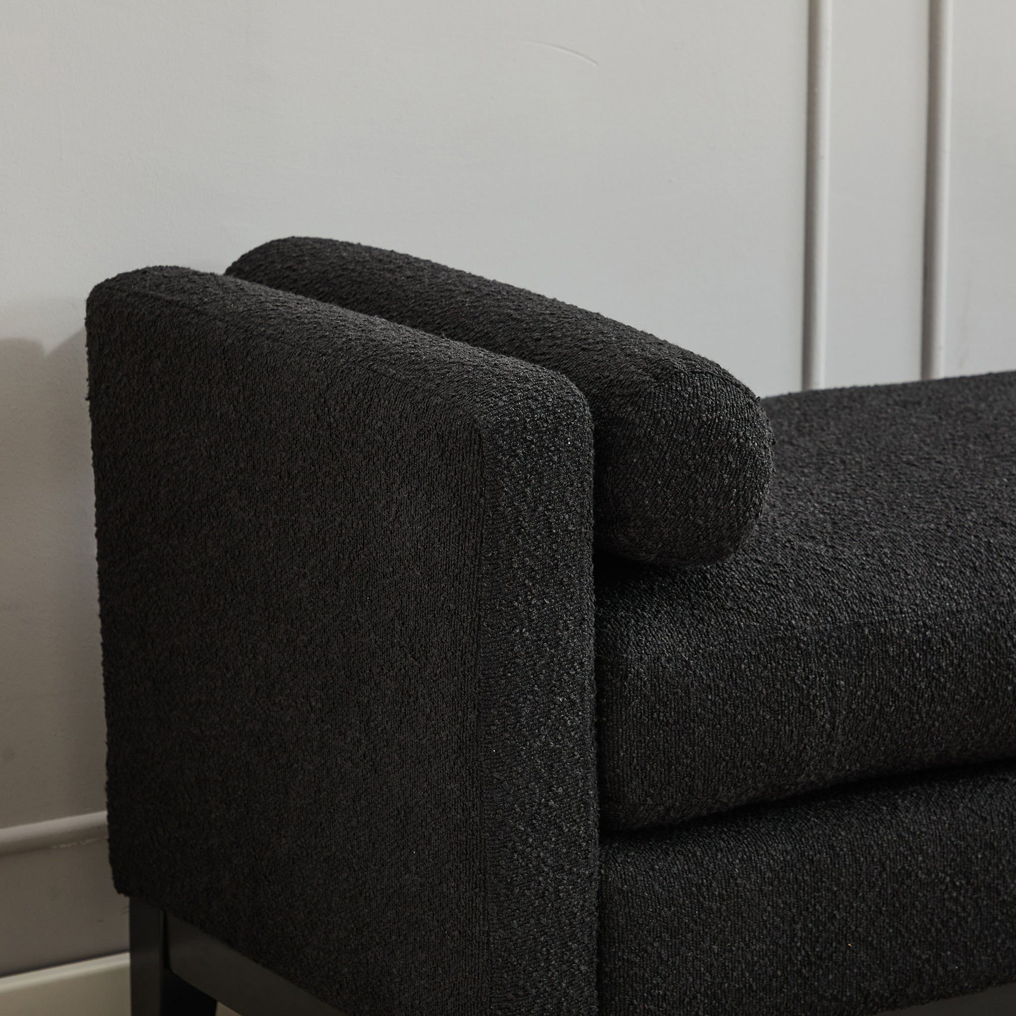 Elegant Upholstered Bench, Daybed, Ottoman with Wood Legs & 2 Bolster Pillows, Black Boucle, 66.34' - Grand Goldman Shop