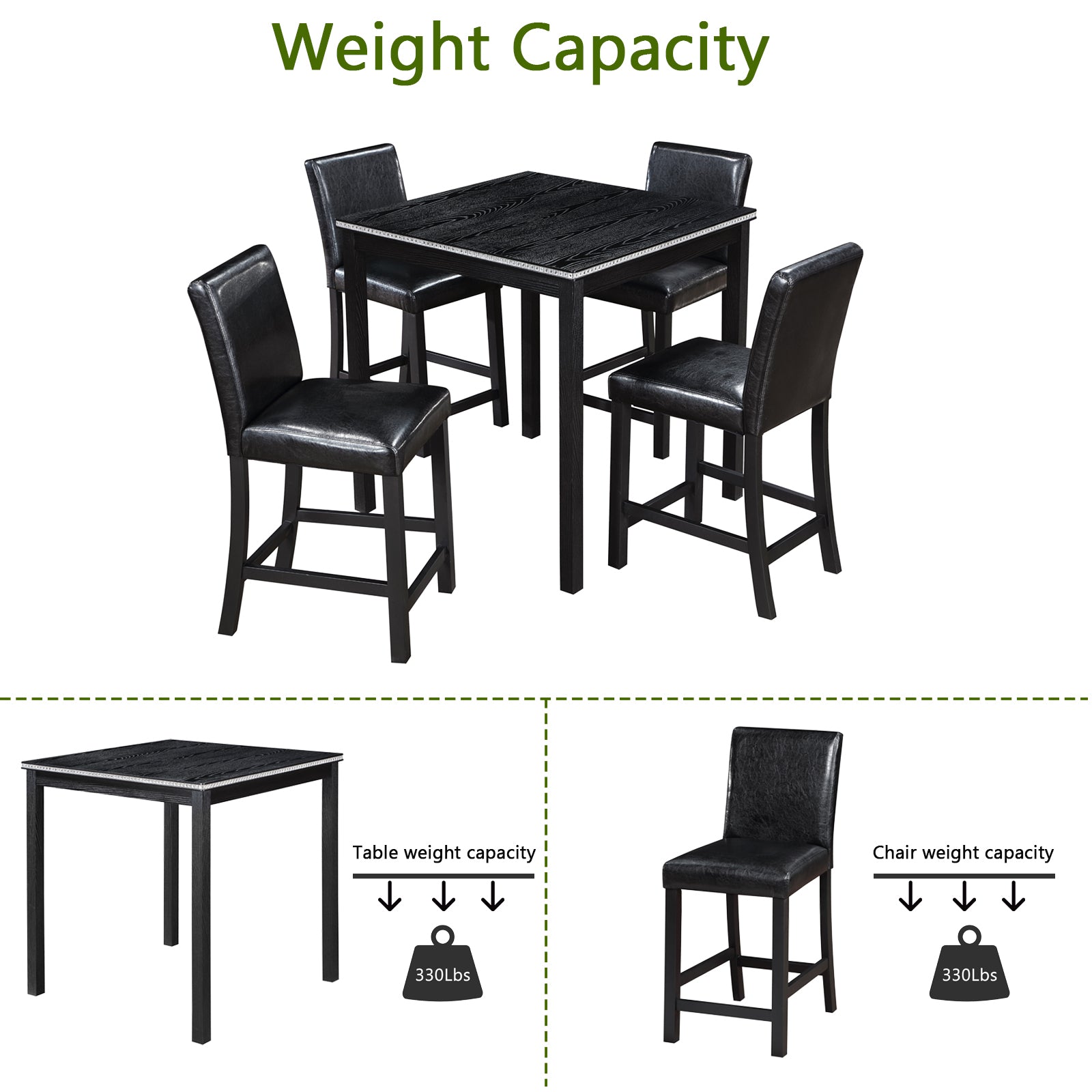 5PCs Counter Height Table Set, Wooden Kitchen Table Set with Square Table and 4 Upholstered Chairs, Counter Height Dining Table with Crystal Decoration and Chair Set for Kitchen, Dining Room, Black - Grand Goldman Shop
