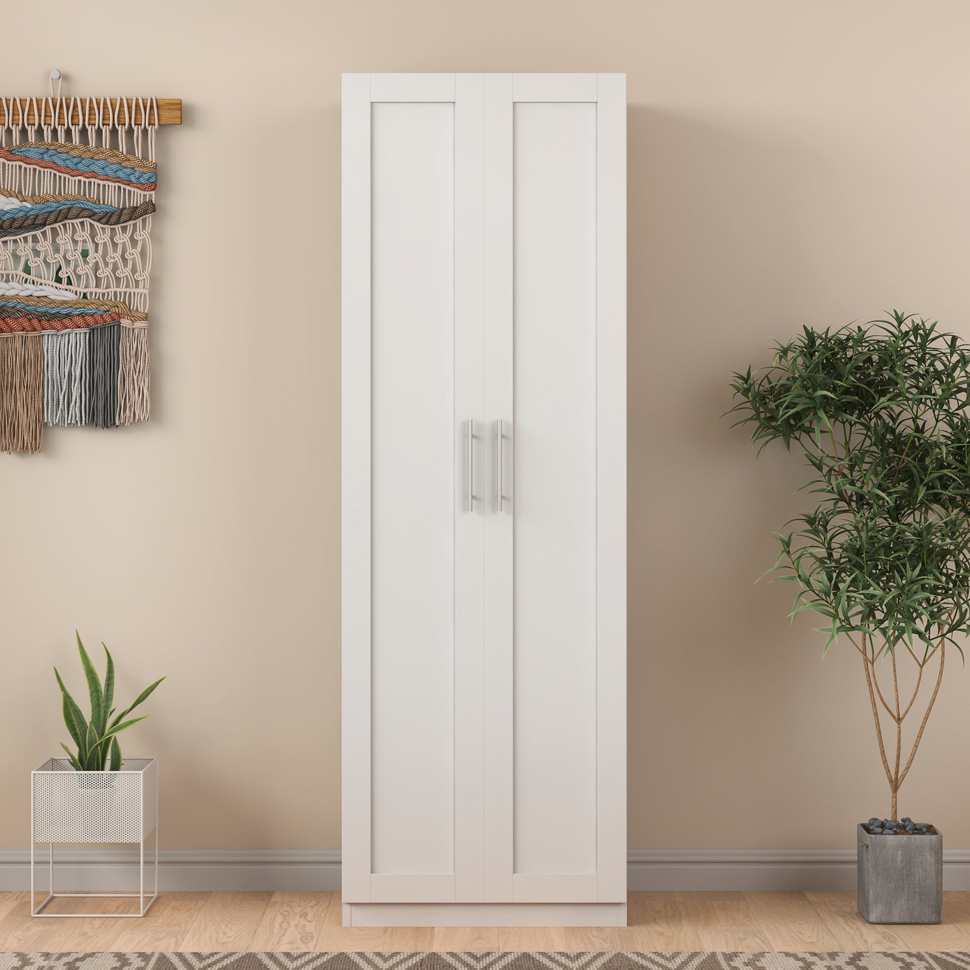 High wardrobe and kitchen cabinet with 2 doors and 3 partitions to separate 4 storage spaces, White - Grand Goldman Shop