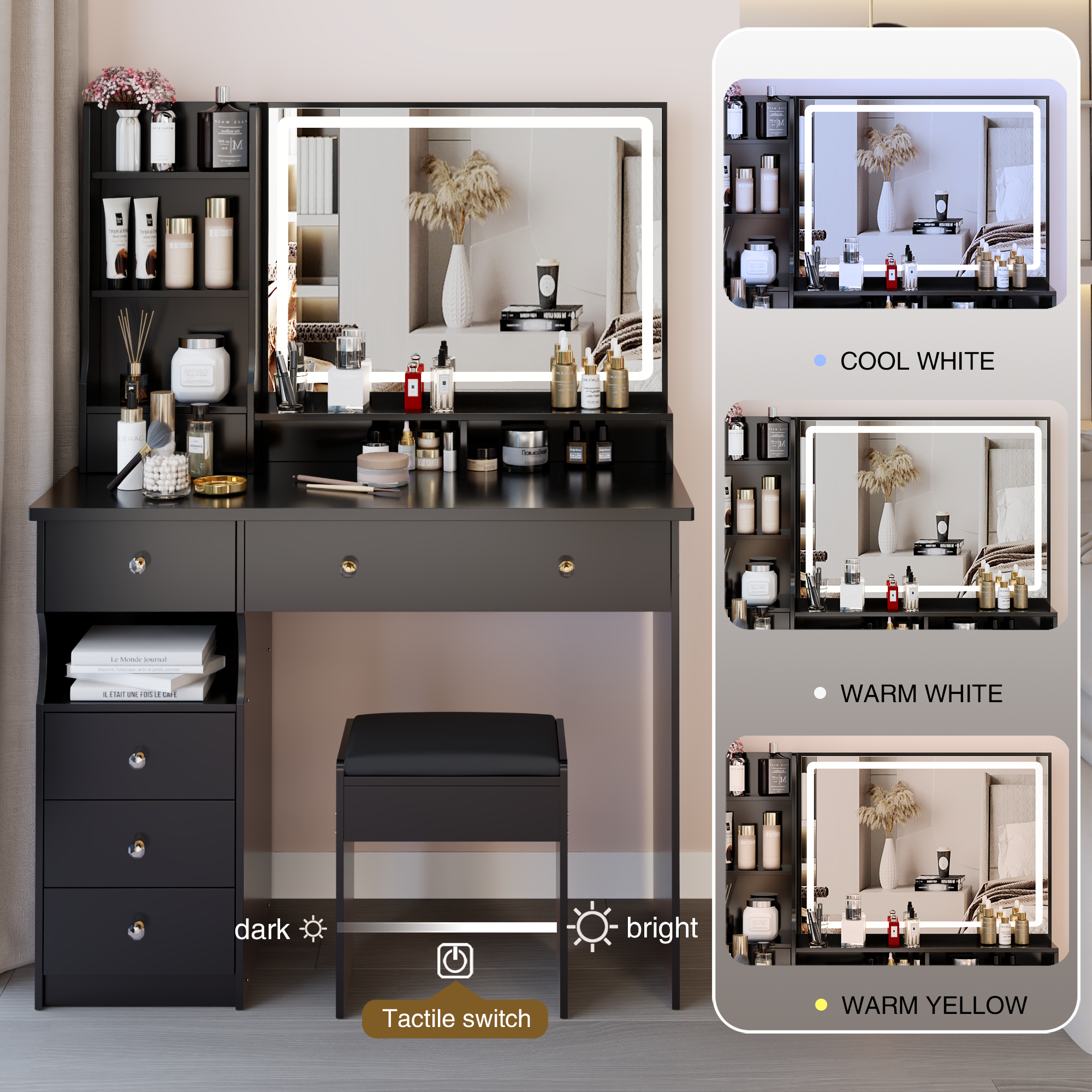 41' Large Sized Desktop Vanity Table + Cushioned Stool, Oversized desktop, Large Touch Control LED Mirror, 3-color Switch, Multi Layer High Capacity Storage Fashion Dresser, EPA, GCC, UL Certificate - Grand Goldman Shop