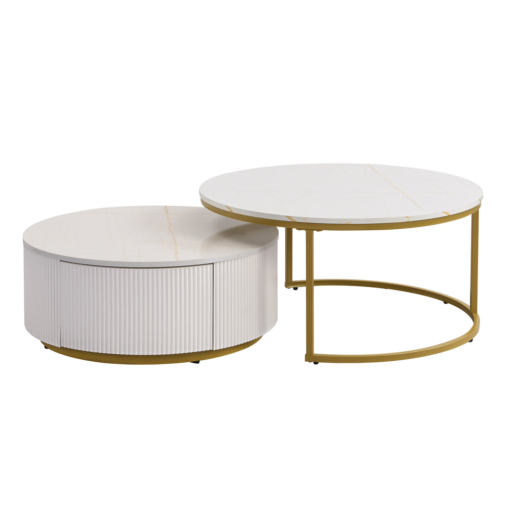 Modern Round Nesting Coffee Table Fluted with Drawer in White & Gold in 31.5'' - Grand Goldman Shop