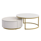 Modern Round Nesting Coffee Table Fluted with Drawer in White & Gold in 31.5'' - Grand Goldman Shop