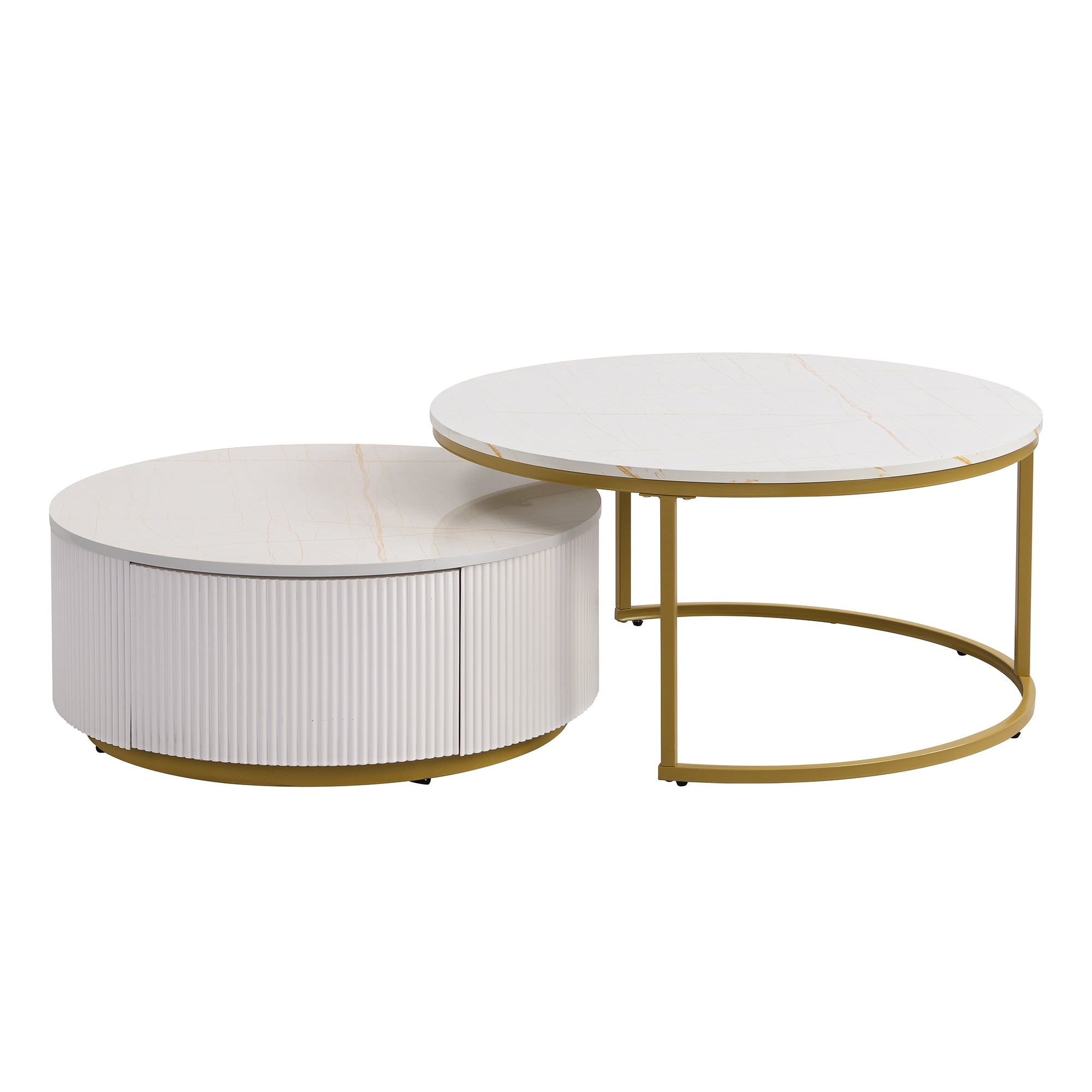 Modern Round Nesting Coffee Table Fluted with Drawer in White & Gold in 31.5'' - Grand Goldman Shop