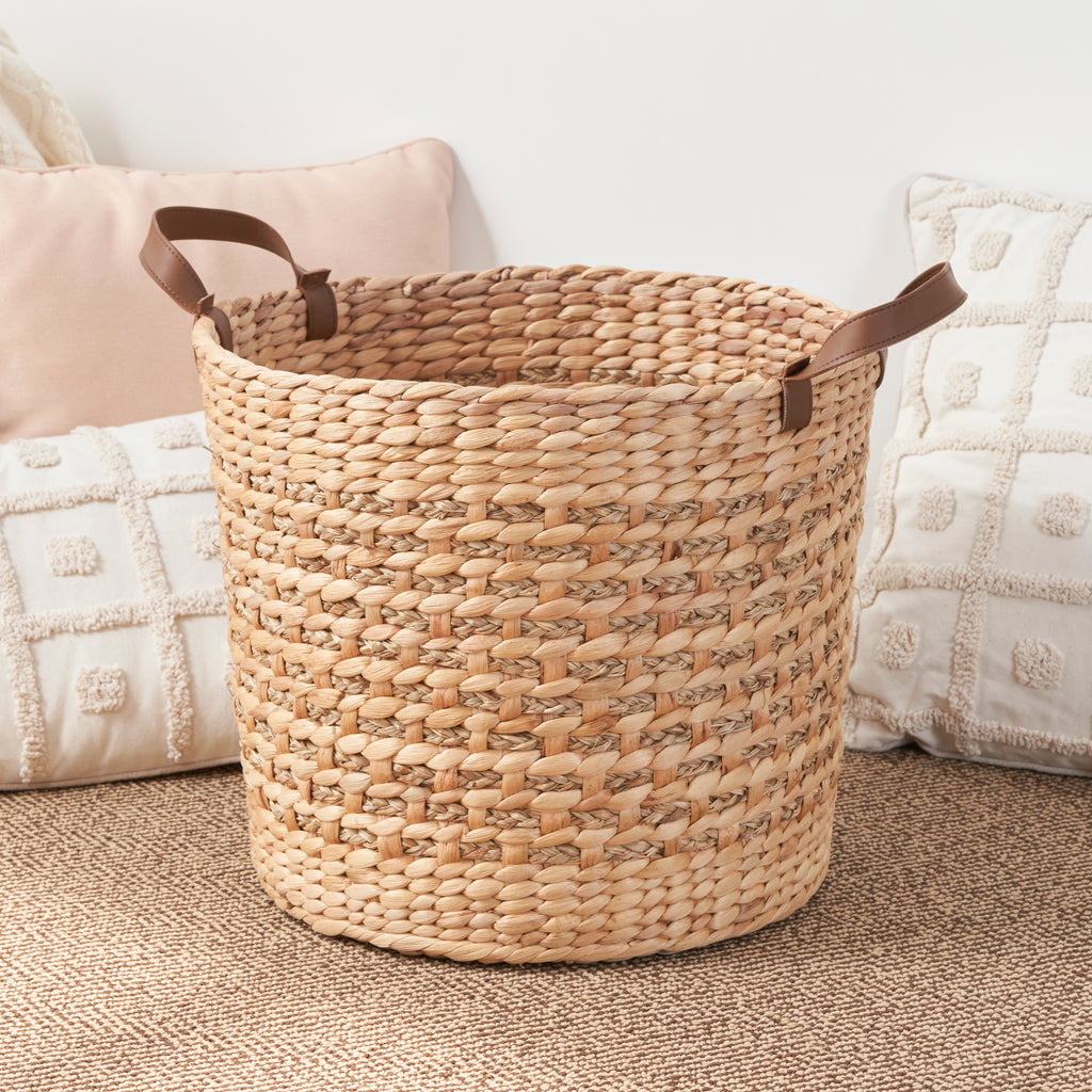 Isidore Water Hyacinth Woven Round Multi Use Storage Basket - 15.7' x 15.7' x 11.8' - Natural Brown - Grand Goldman Shop