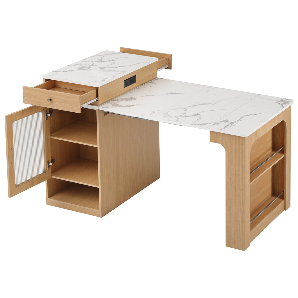 K&K 59.5'Kitchen Island with Extendable Dining Table, Kitchen Storage Table with Double-sided Storage, Kitchen Island with 2 Drawers, Power Outlet, Side Open Shelves, for Kitchen, Dining Room, Natural - Grand Goldman Shop