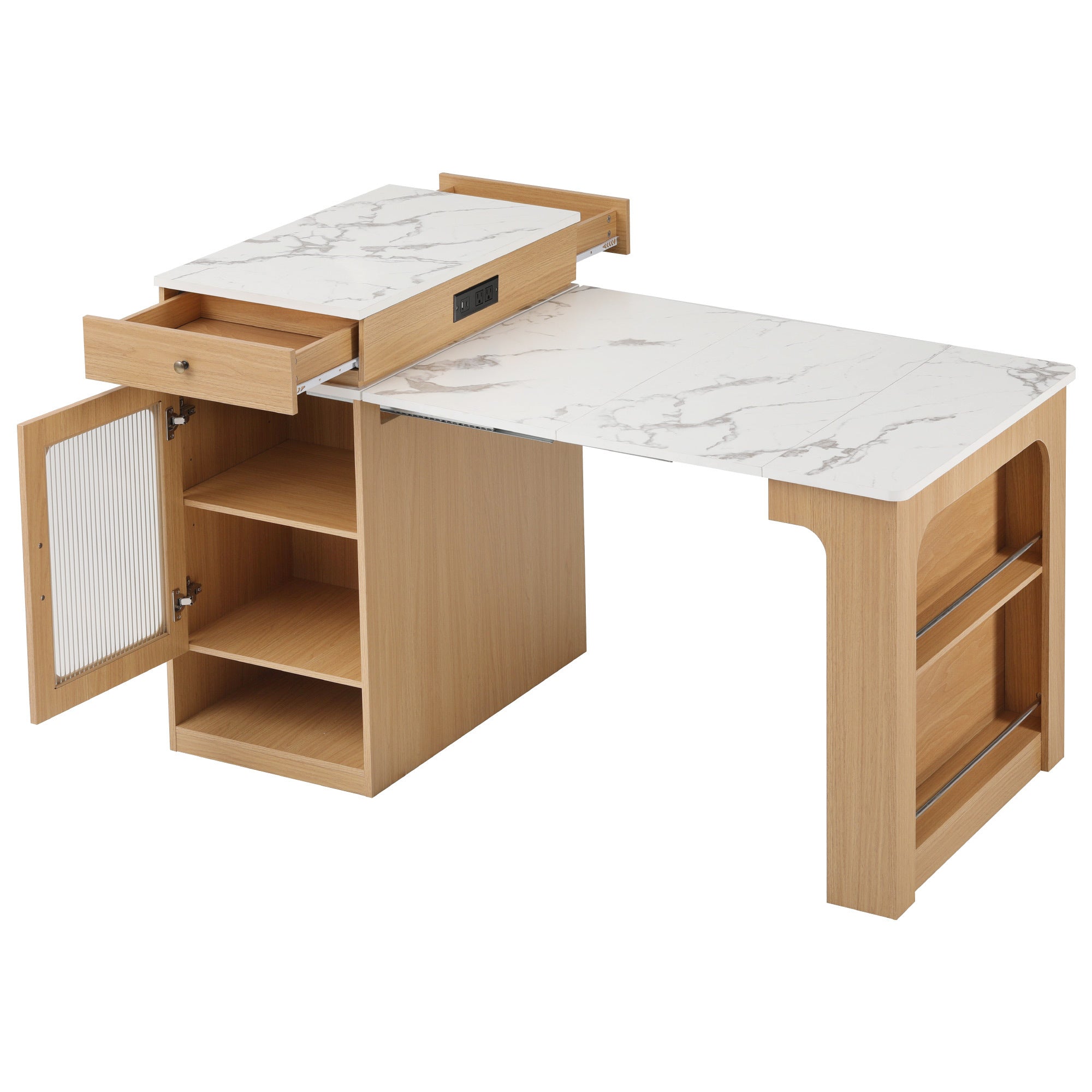 K&K 59.5'Kitchen Island with Extendable Dining Table, Kitchen Storage Table with Double-sided Storage, Kitchen Island with 2 Drawers, Power Outlet, Side Open Shelves, for Kitchen, Dining Room, Natural - Grand Goldman Shop