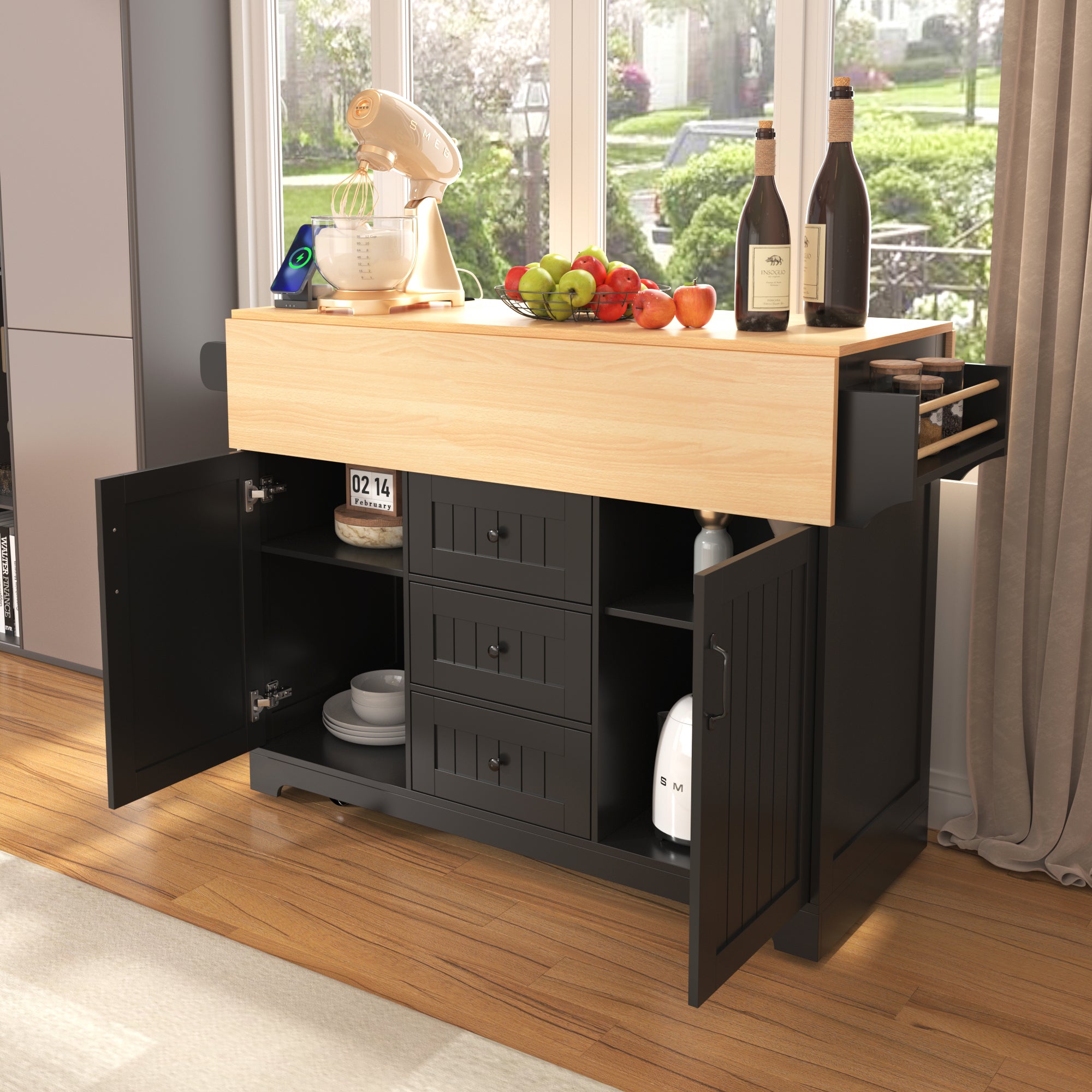 K&K 55.7'' Large Kitchen Island with 2 Drop Leaf,, Rolling Kitchen Cart on 5 Wheels with Power Outlet, Folding Storage Dining Table with Spice & Towel Rack , 3 Drawers, for Kitchen, Dining Room,Black - Grand Goldman Shop