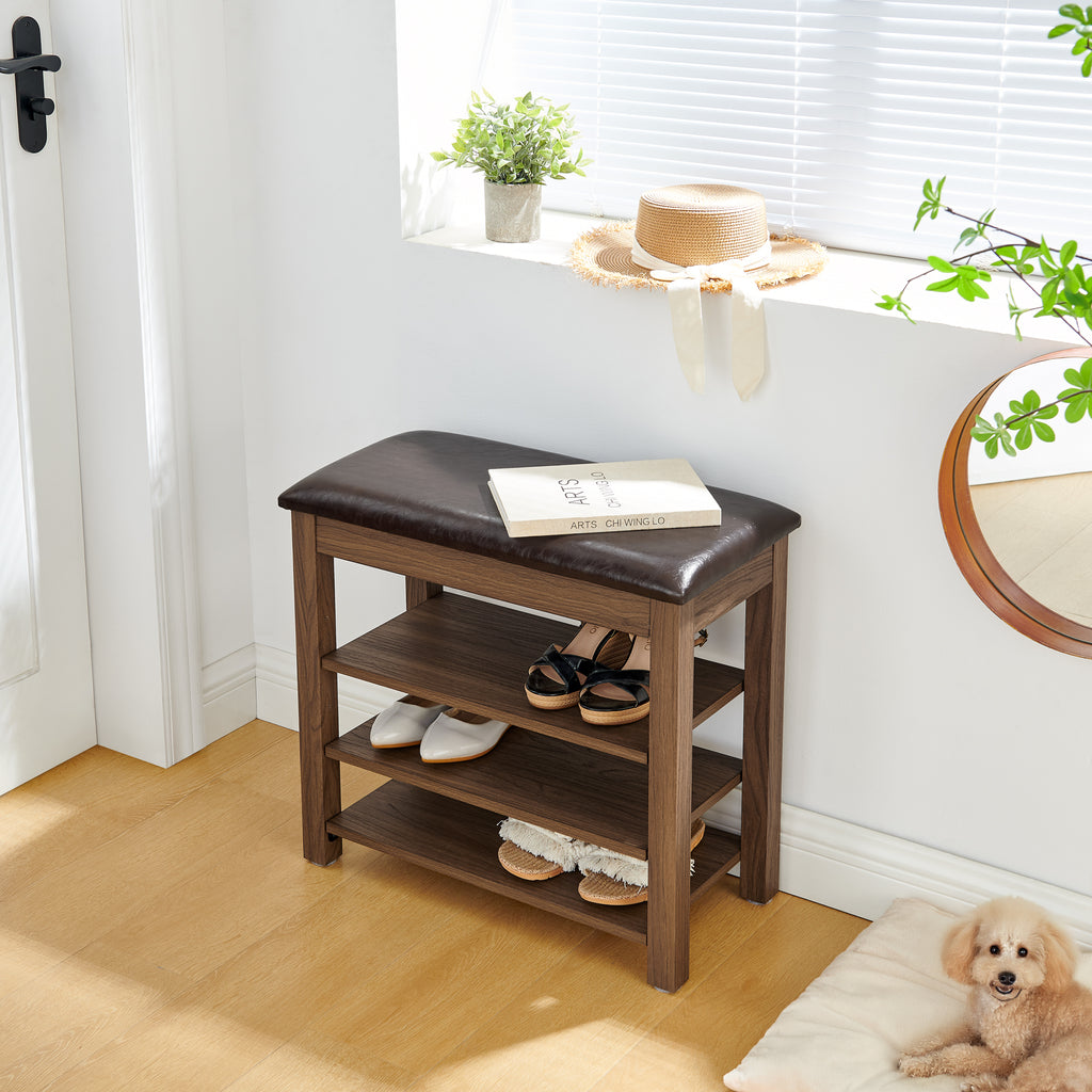 A height-adjustable shoe-changing bench made of high-quality wood, equipped with a comfortable seat and concealed storage space,Natural rubber wood,Brown - Grand Goldman Shop