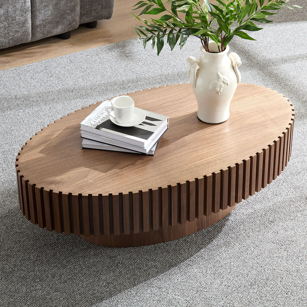 Modern Handcraft Drum Coffee Table Length 43.7 inch Ellipse Coffee Table for Living Room,Oval Small Coffee Table with Sturdy Pedestal,Walnut MDF,W2582P251185 - Grand Goldman Shop