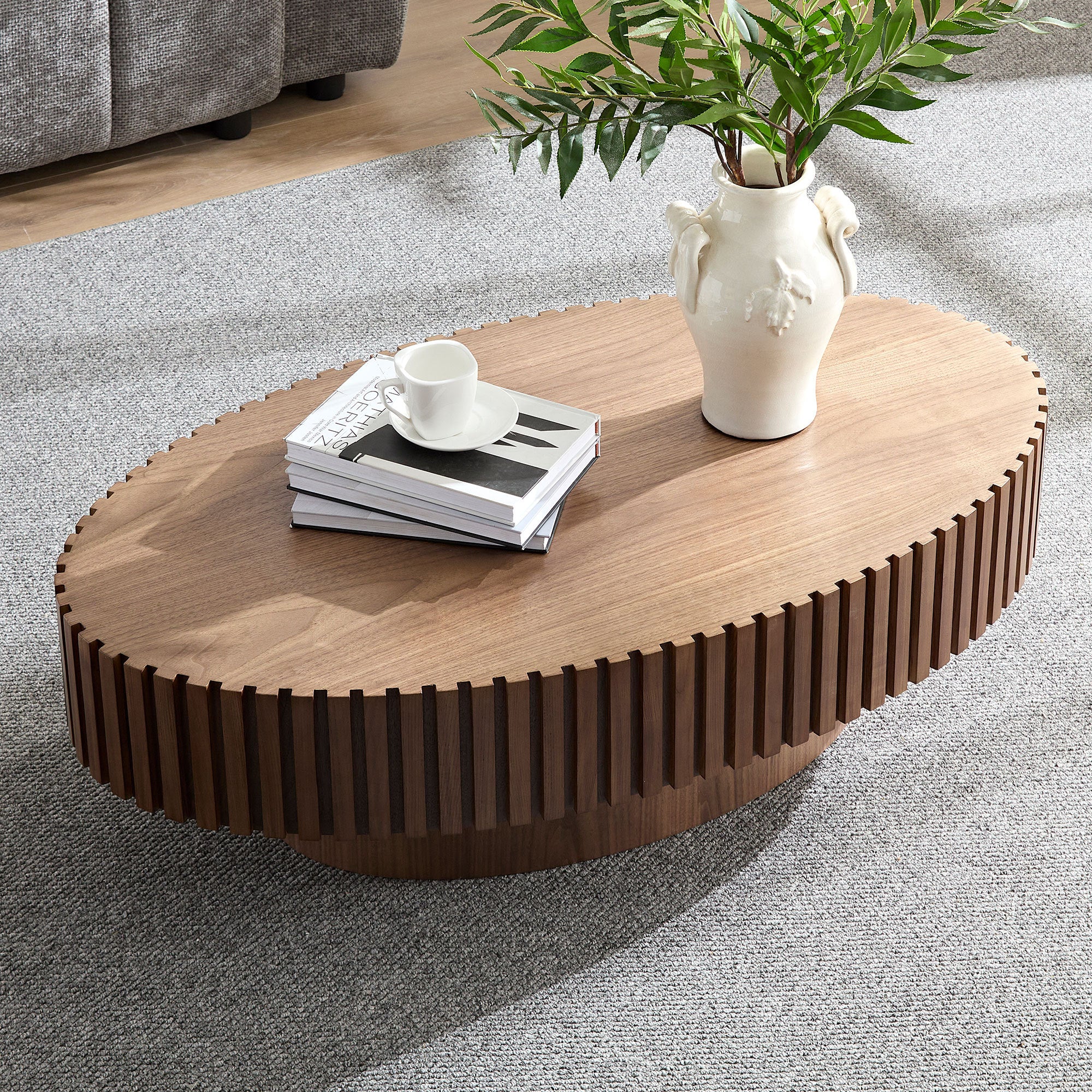 Modern Handcraft Drum Coffee Table Length 43.7 inch Ellipse Coffee Table for Living Room,Oval Small Coffee Table with Sturdy Pedestal,Walnut MDF,W2582P251185 - Grand Goldman Shop