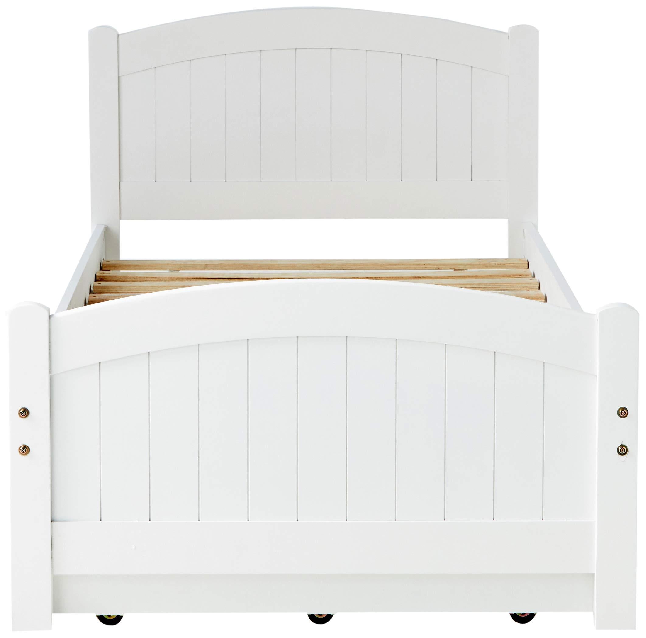 Twin Size Bed w/ Trundle Slats White Pine Plywood Kids Youth Bedroom Furniture | Premium Home Decor - Grand Goldman