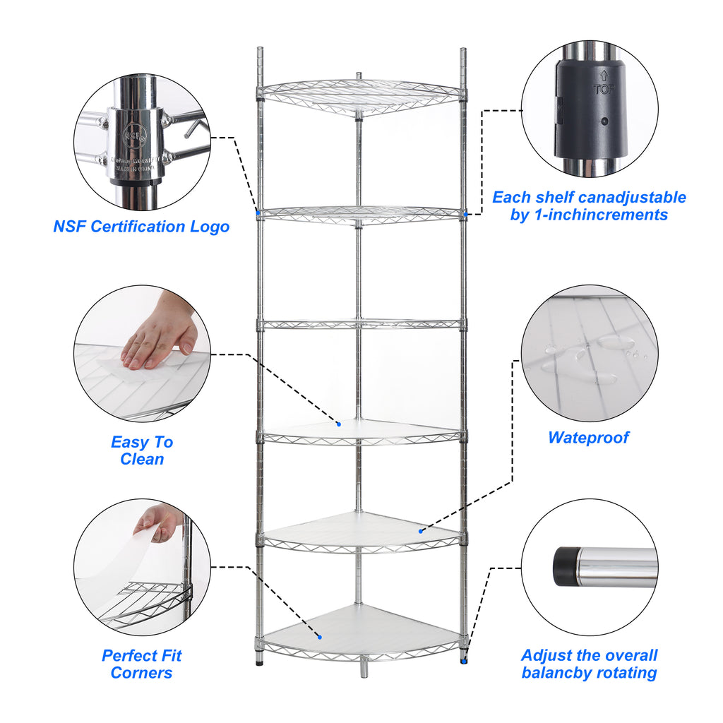 6 Tier Shelf Corner Wire Shelf Rack Adjustable Metal Heavy Duty Free Standing Corner Storage Display Chrome Rack for Bathroom, Living Room, Kitchen - Chrome - Grand Goldman Shop