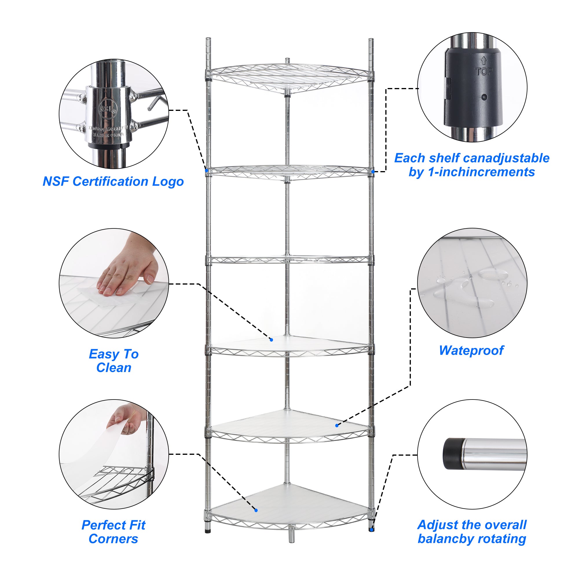 6 Tier Shelf Corner Wire Shelf Rack Adjustable Metal Heavy Duty Free Standing Corner Storage Display Chrome Rack for Bathroom, Living Room, Kitchen - Chrome - Grand Goldman Shop