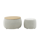 Light Grey Round Storage Ottoman, 2 in 1 Function End Table and Ottoman with Small Seat, Eucalyptus Wood and Foam - Grand Goldman Shop