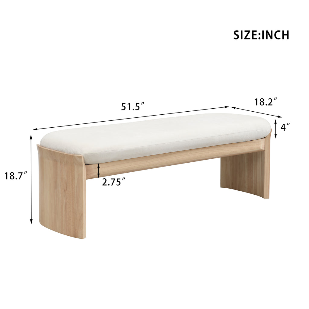 51.5 Inch Beige Rubber Wood Footstool for Bedroom and Living Room – Natural Finish with Soft Fabric Cushion - Grand Goldman Shop