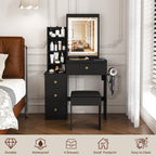 Modern Vanity Desk with 3 LED Lighting Modes, 4 Drawers, Open Shelves, Hair Dryer Holder & Power Socket, Black MDF Dressing Table Set with Chair - Grand Goldman Shop