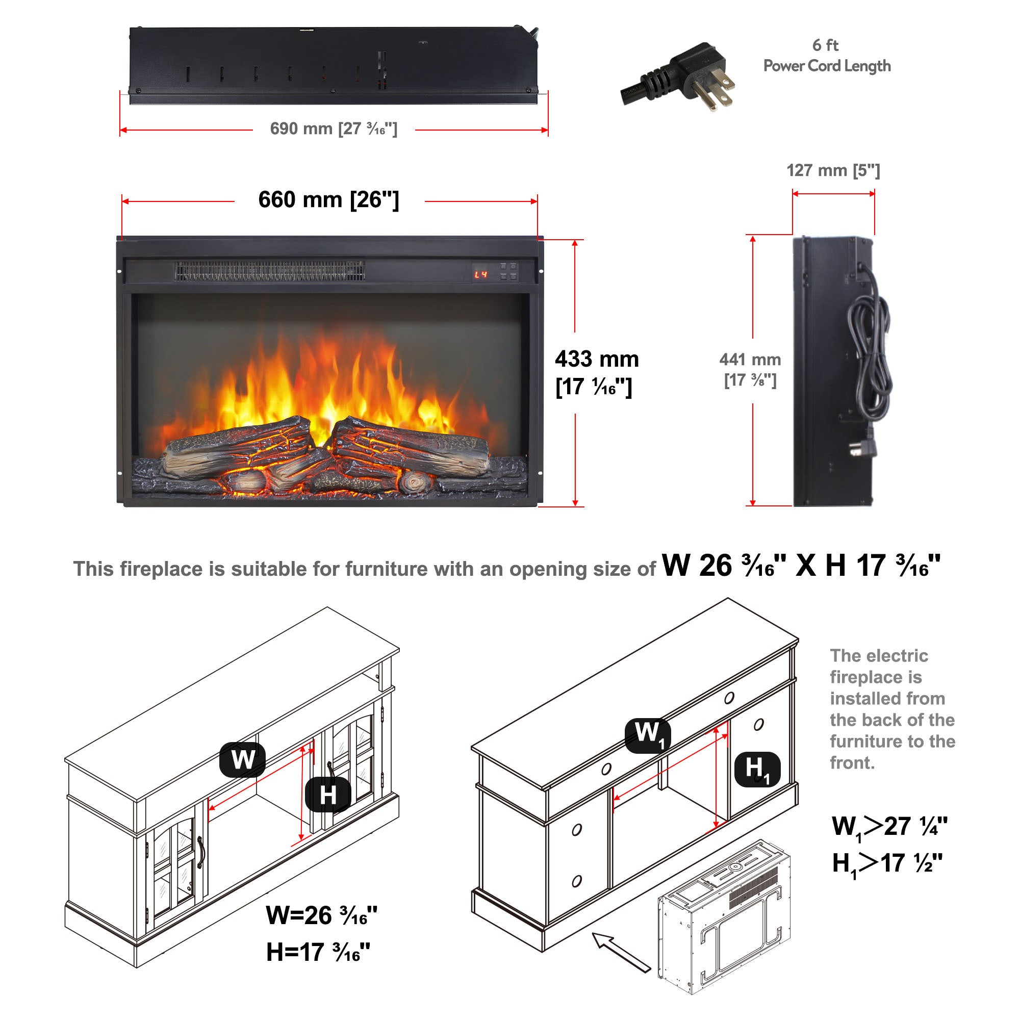 26 inch electric fireplace insert, ultra thin heater with log set & realistic flame, remote control with timer, overheating protection - Grand Goldman Shop