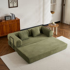 Convertible Sleeper Sofa Bed with Cylindrical Pillow, Corduroy Folding Mattress Couch with Fixed-Shape Frame, Floor Sofa Lounge Couch for Living Room Bedroom (Green) - Grand Goldman Shop