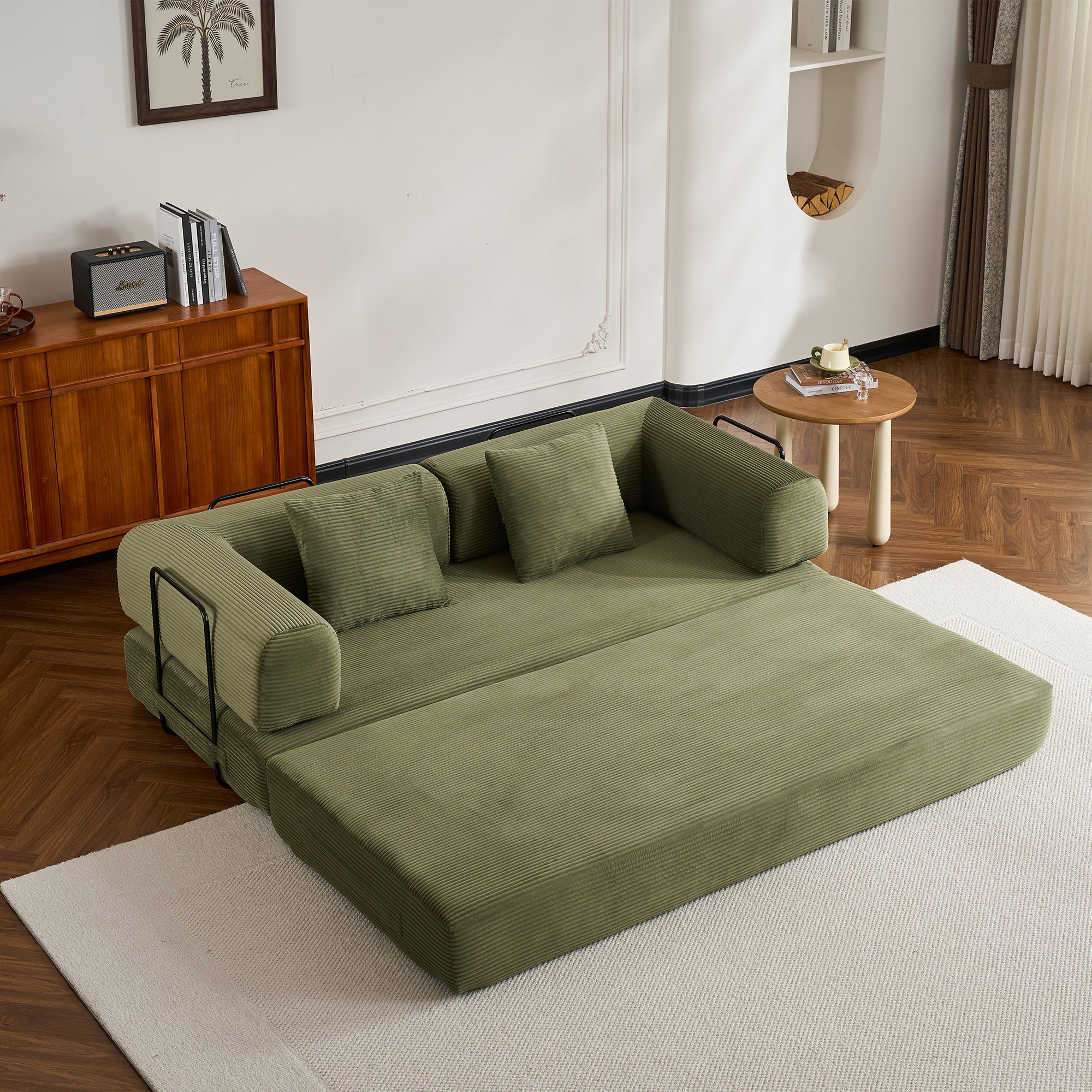 Convertible Sleeper Sofa Bed with Cylindrical Pillow, Corduroy Folding Mattress Couch with Fixed-Shape Frame, Floor Sofa Lounge Couch for Living Room Bedroom (Green) - Grand Goldman Shop