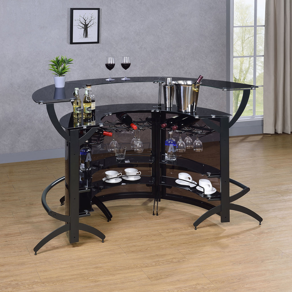 Elaina Black 3-Piece Curved Freestanding Home Bar with Smoked Acrylic Panels and Silver Metal Frame, Black Finish, Glass and Metal Construction - Grand Goldman Shop