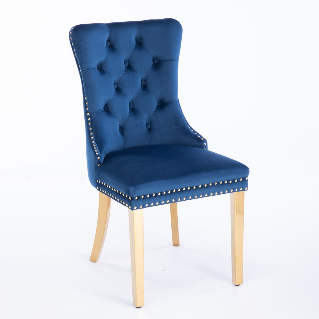 A&A Furniture,Nikki Collection Modern, High-end Tufted Solid Wood Contemporary Velvet Upholstered Dining Chair with Golden Stainless Steel Plating Legs,Nailhead Trim,Set of 2,Blue and Gold, SW1601BL - Grand Goldman Shop