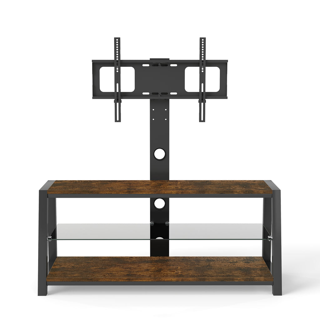 Wooden Storage TV Stand Black Tempered Glass Height Adjustable Universal Swivel Entertainment Center With Mount TV Stand, Rustic Browm - Grand Goldman Shop