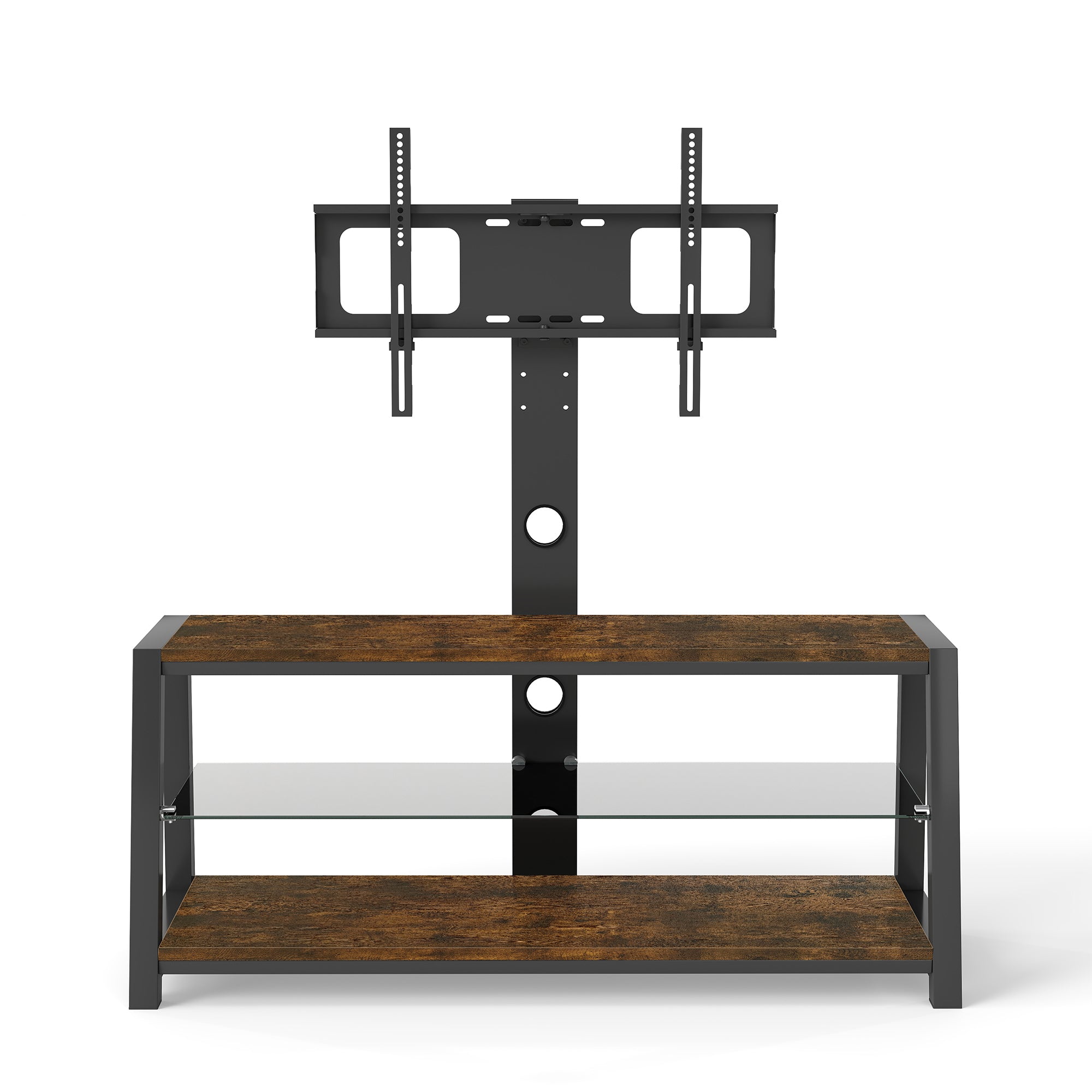 Wooden Storage TV Stand Black Tempered Glass Height Adjustable Universal Swivel Entertainment Center With Mount TV Stand, Rustic Browm - Grand Goldman Shop