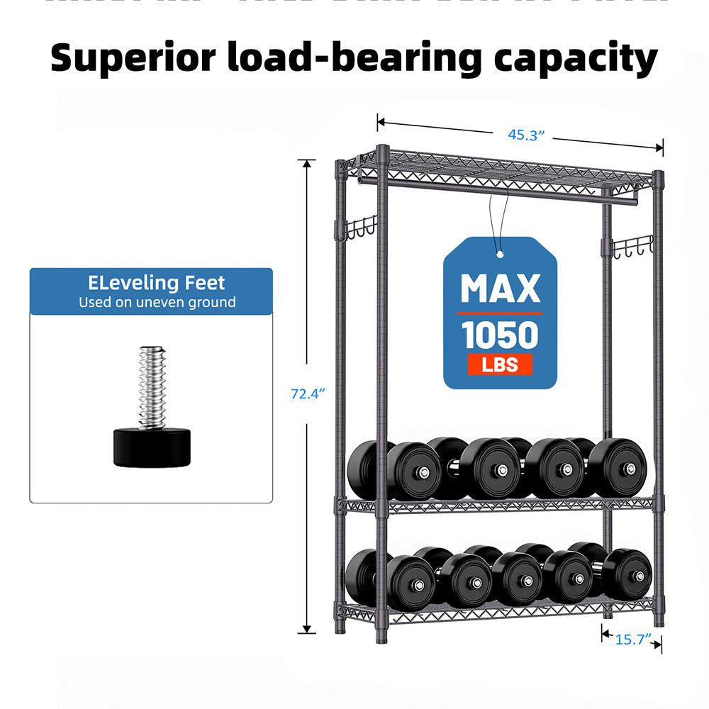 Heavy Duty Garment Rack, Freestanding Clothing Rack for Hanging Clothes with 1 Rod, 3 Tiers & Side Hooks, Adjustable Metal Wardrobe Closet Organizer, 45.3' W x 15.7' D x 72.4' H, Dark Grey - Grand Goldman Shop