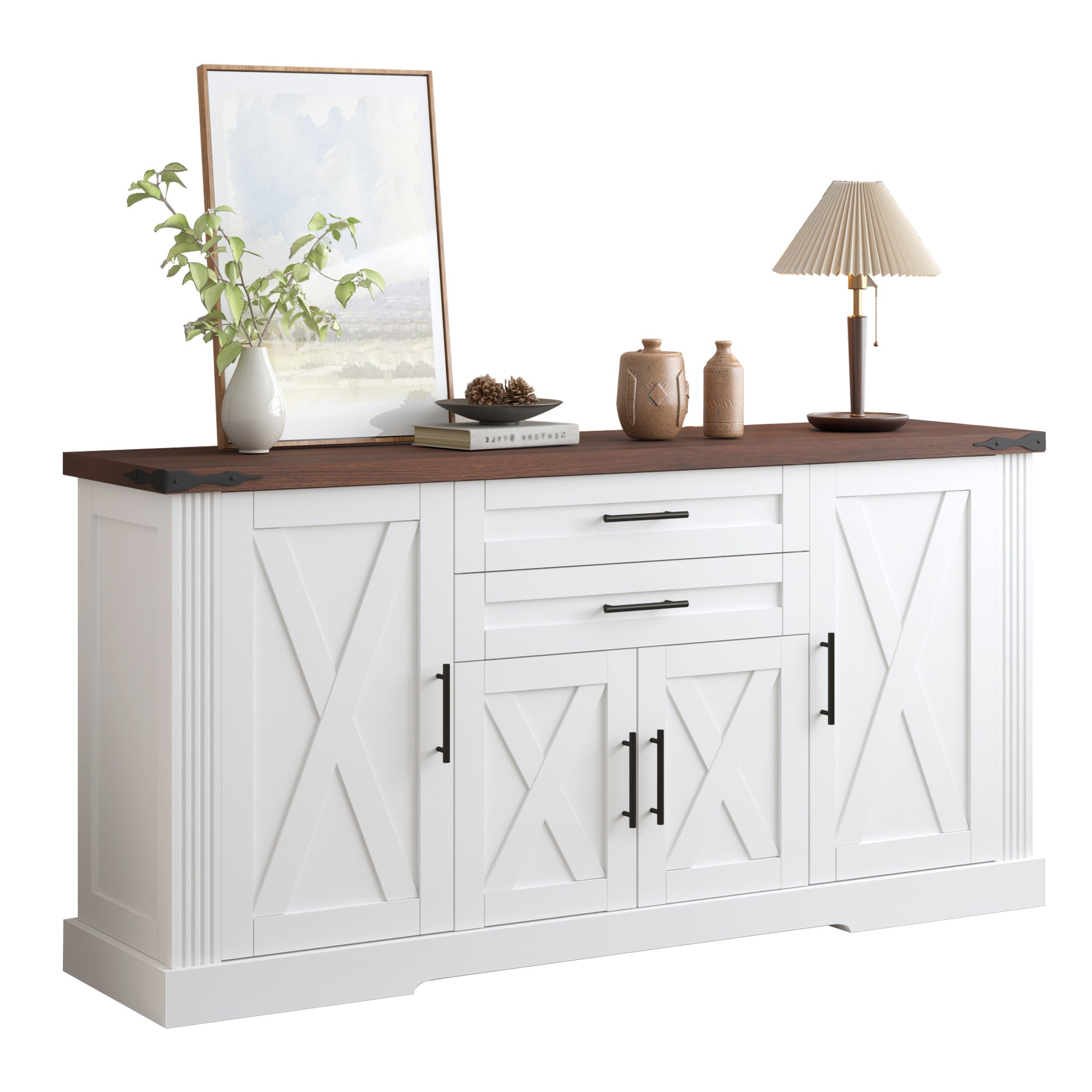 White Farmhouse Barn Door Storage Cabinet with 2 Drawers & Door Rack, Adjustable Shelves, MDF Construction, 63.11' L x 15.75' W x 32.09' H - Grand Goldman Shop