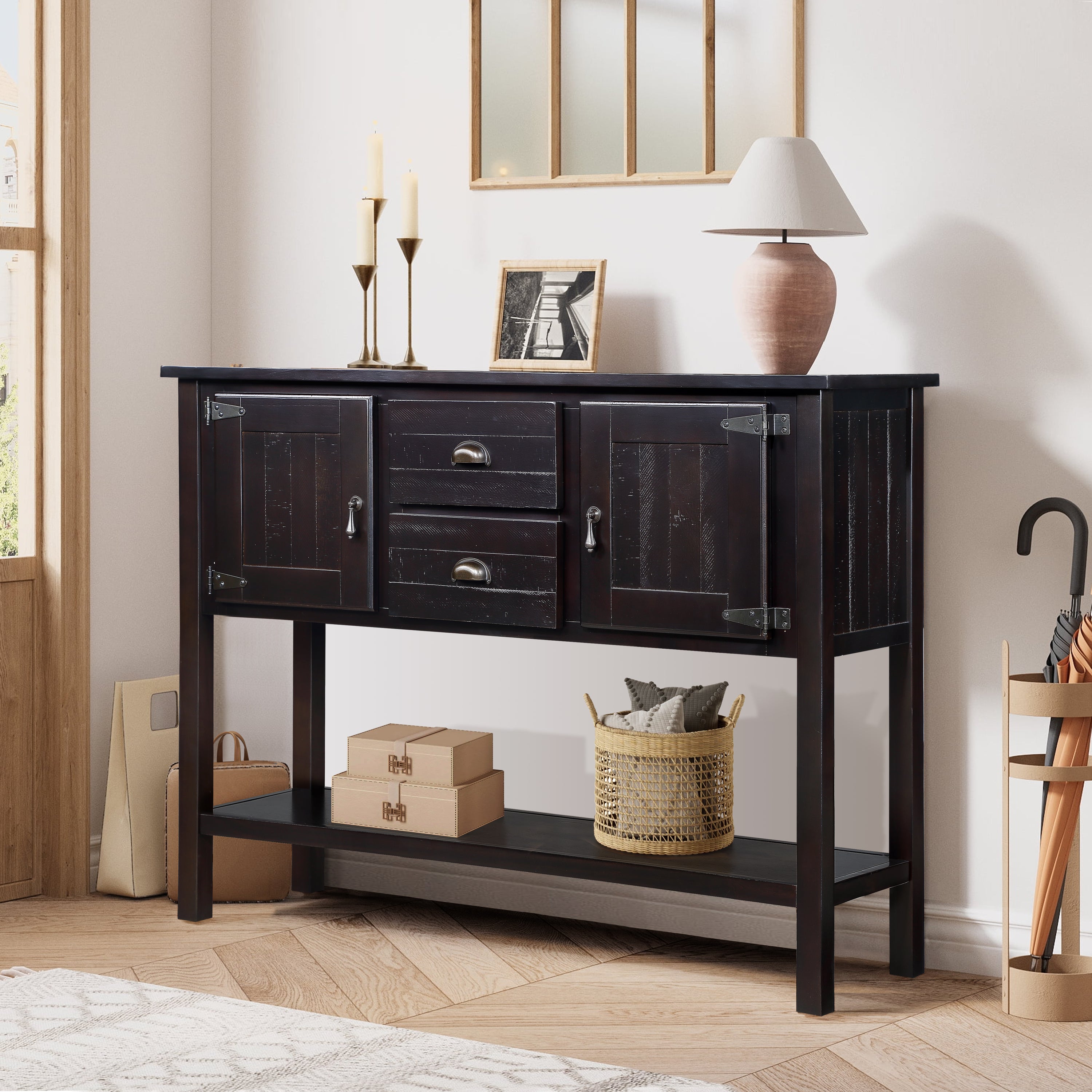 48'' Solid Wood Sideboard Console Table with 2 Drawers and Cabinets and Bottom Shelf, Retro Style Storage Dining Buffet Server Cabinet for Living Room Kitchen Dining Room (Espresso - Grand Goldman Shop