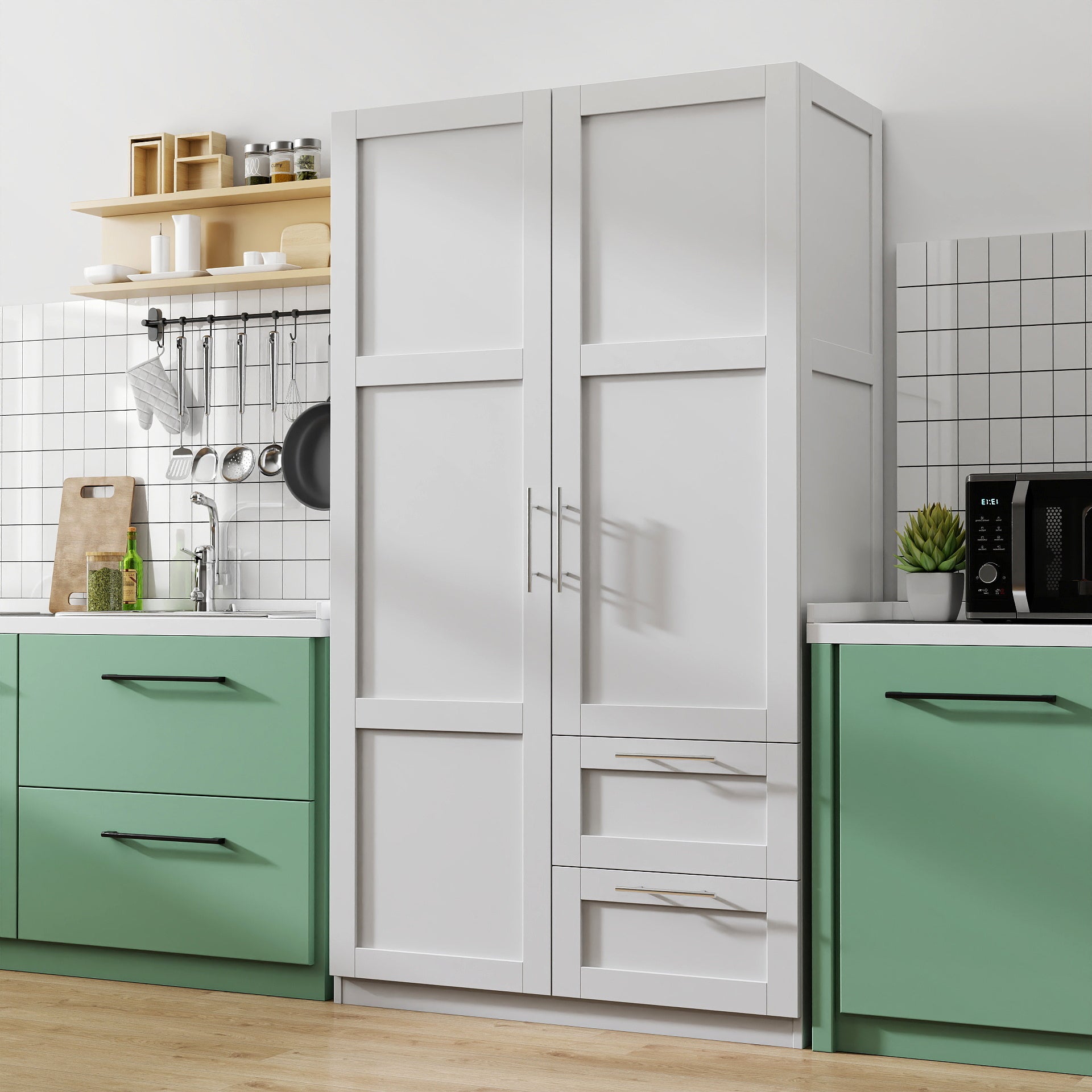 High wardrobe and kitchen cabinet with 2 doors, 2 drawers and 5 storage spaces,white - Grand Goldman Shop