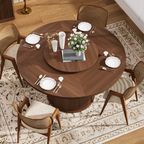 55-inch round dining table for six, featuring a double-tiered storage rack and a rotating tabletop tray. Wooden wavy-striped sliding doors. Ideal for home dining room living room (Walnut). - Grand Goldman Shop