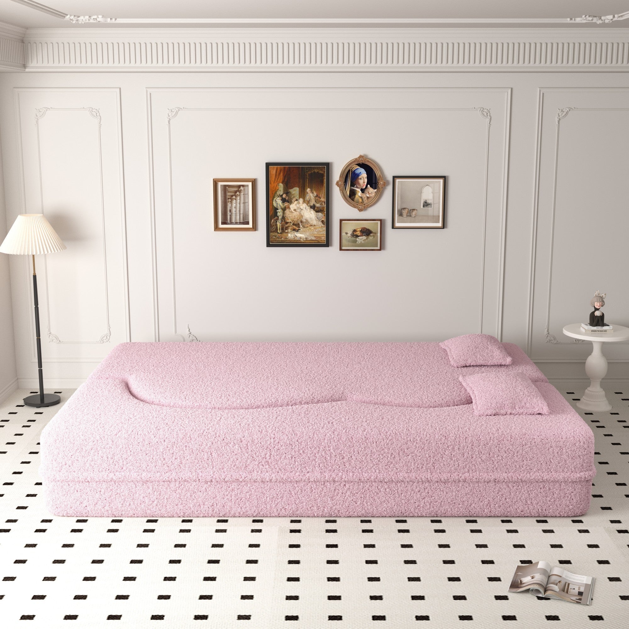 Modern Floor Sofa with 2 Pillows,Convertible Teddy Fabric Foam Filled Sleeper Sofa Bed,15 ' Full Size Folding Mattress for Living Room,Guest Bed,Playroom,No Assembly Required,Pink - Grand Goldman Shop