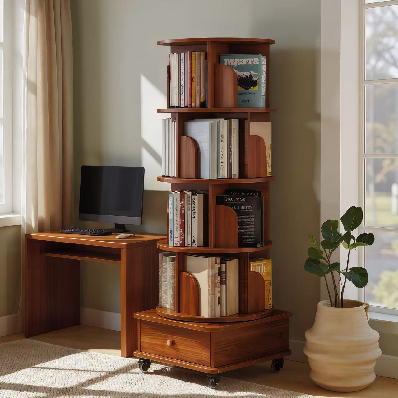Rotating Bookshelf with Drawer, 360 Display 5 Tier Corner Bookshelf for Small Space, Floor Standing Bookcase Storage Rack, Wood Narrow Organizer for Bedroom, Living Room (WALNUT) - Grand Goldman Shop