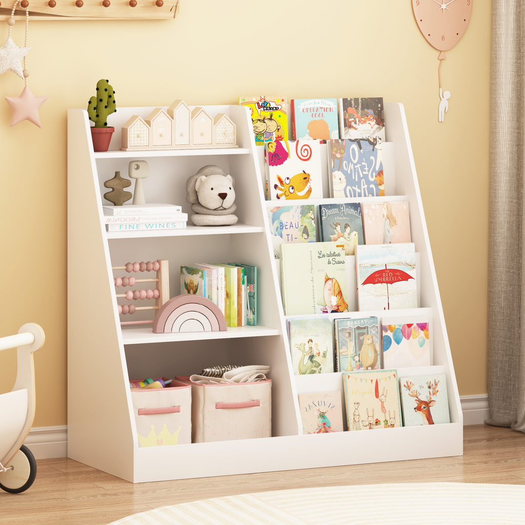 New Kids Bookshelf and Toy Storage Organizer, Multifunctional 4 Tier Wooden Kids Book Shelf with  Bookcase Display Stand in K