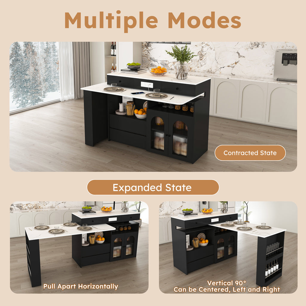Retro Kitchen Island with Extendable Rotating Table, Black Marble Veneer on MDF, 4 Drawers & Glass Door Cabinets, Built-in Socket, Fits 2-4 People - Grand Goldman Shop