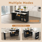 Retro Kitchen Island with Extendable Rotating Table, Black Marble Veneer on MDF, 4 Drawers & Glass Door Cabinets, Built-in Socket, Fits 2-4 People - Grand Goldman Shop