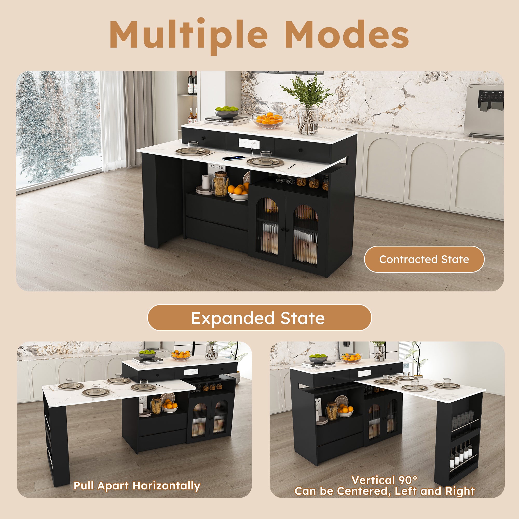 Retro Kitchen Island with Extendable Rotating Table, Black Marble Veneer on MDF, 4 Drawers & Glass Door Cabinets, Built-in Socket, Fits 2-4 People - Grand Goldman Shop