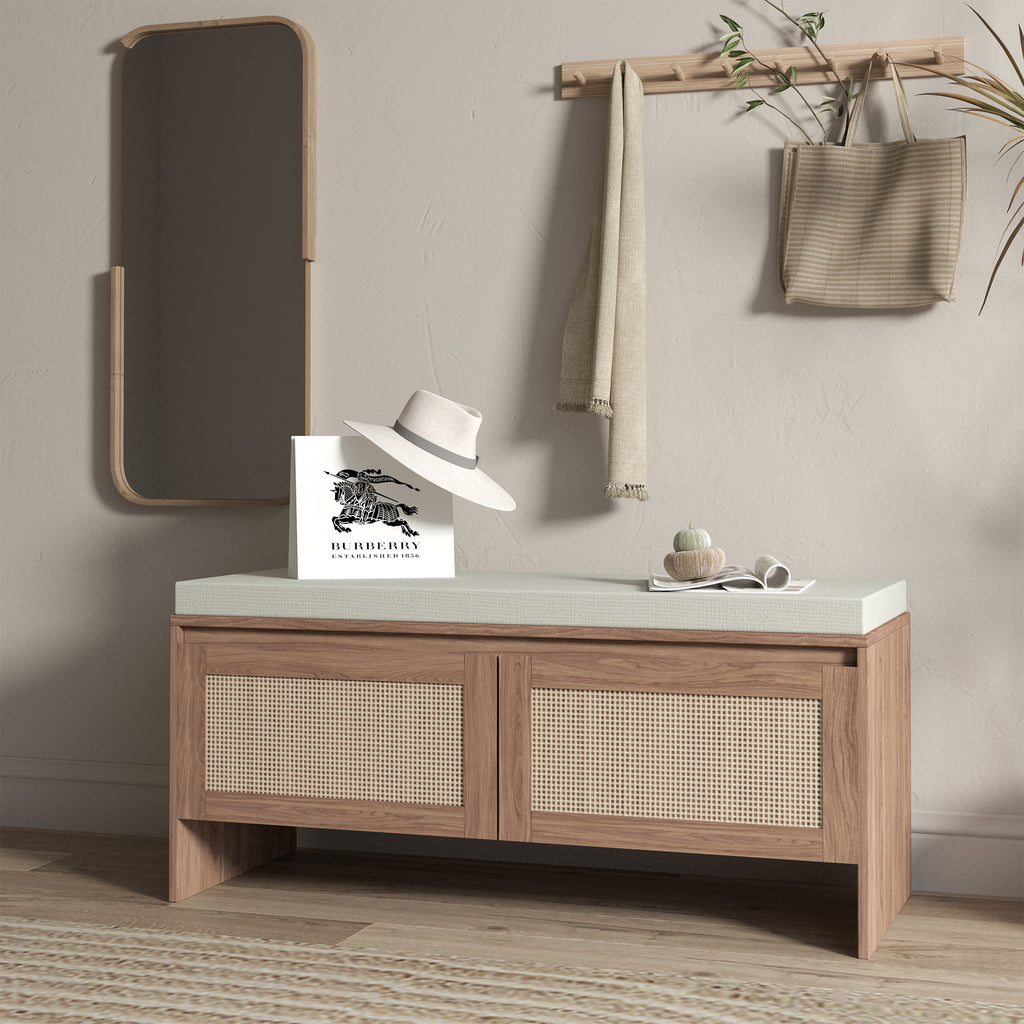 Mid-Century Modern PP Rattan Storage Bench with Cushion, Faux Rattan Shoe Cabinet with 2 Doors, Natural Finish, Wood and Rattan Construction, 39.4 x 15.75 x 17.72 inches - Grand Goldman Shop