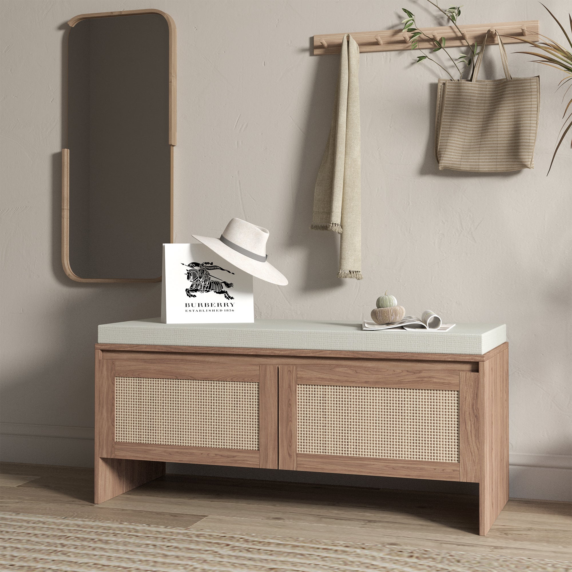 Mid-Century Modern PP Rattan Storage Bench with Cushion, Faux Rattan Shoe Cabinet with 2 Doors, Natural Finish, Wood and Rattan Construction, 39.4 x 15.75 x 17.72 inches - Grand Goldman Shop