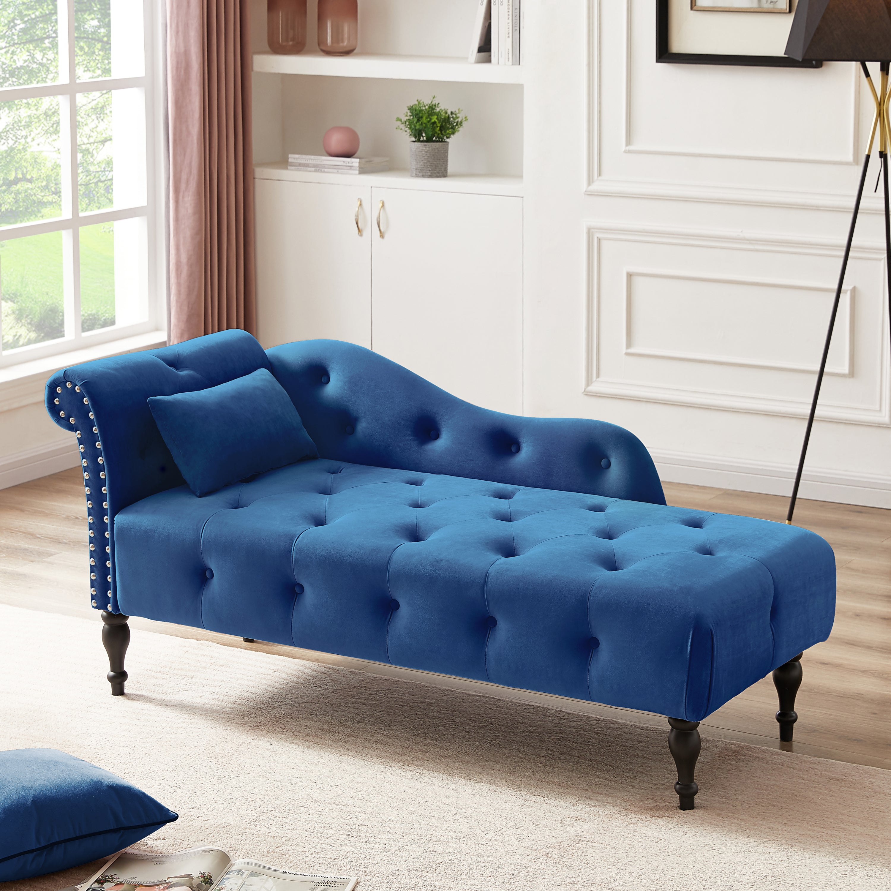 Aijia 60.6' Velvet Chaise Lounge Buttons Tufted Nailhead Trimmed Solid Wood Legs with 1 Pillow,Blue  (Left Arm Design as Shown in the Picture) - Grand Goldman Shop