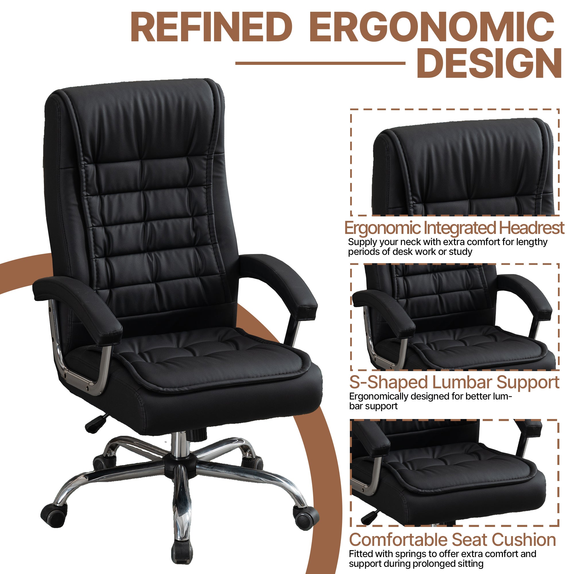 Executive Office Chair High Back PU Leather Desk Chair with Spring Seat Cushion, Ergonomic Swivel Computer Chair with Chrome 